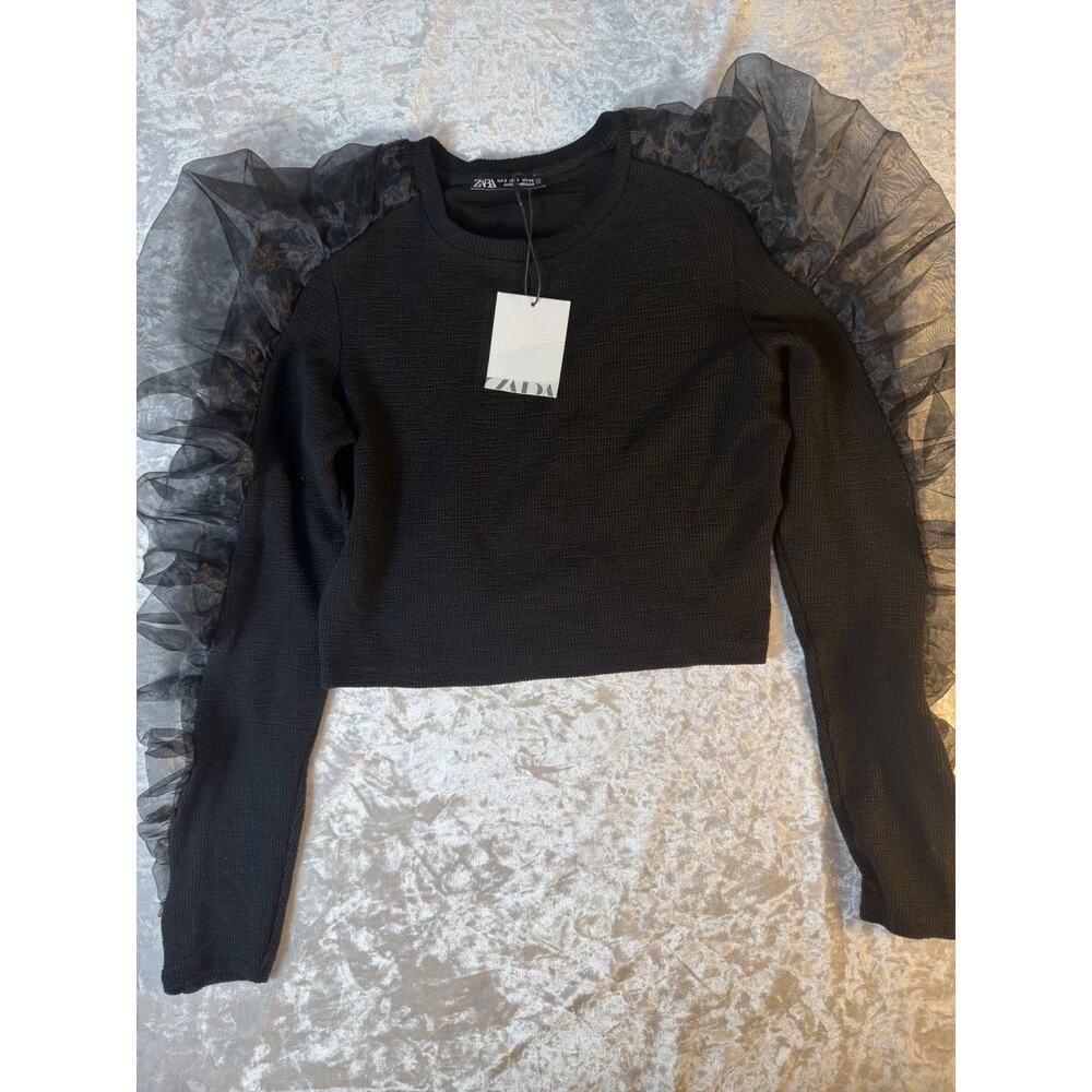 Zara Black Organza Ruffle Sleeve Crop Sweater Top Womens Small Goth Coquette NWT
